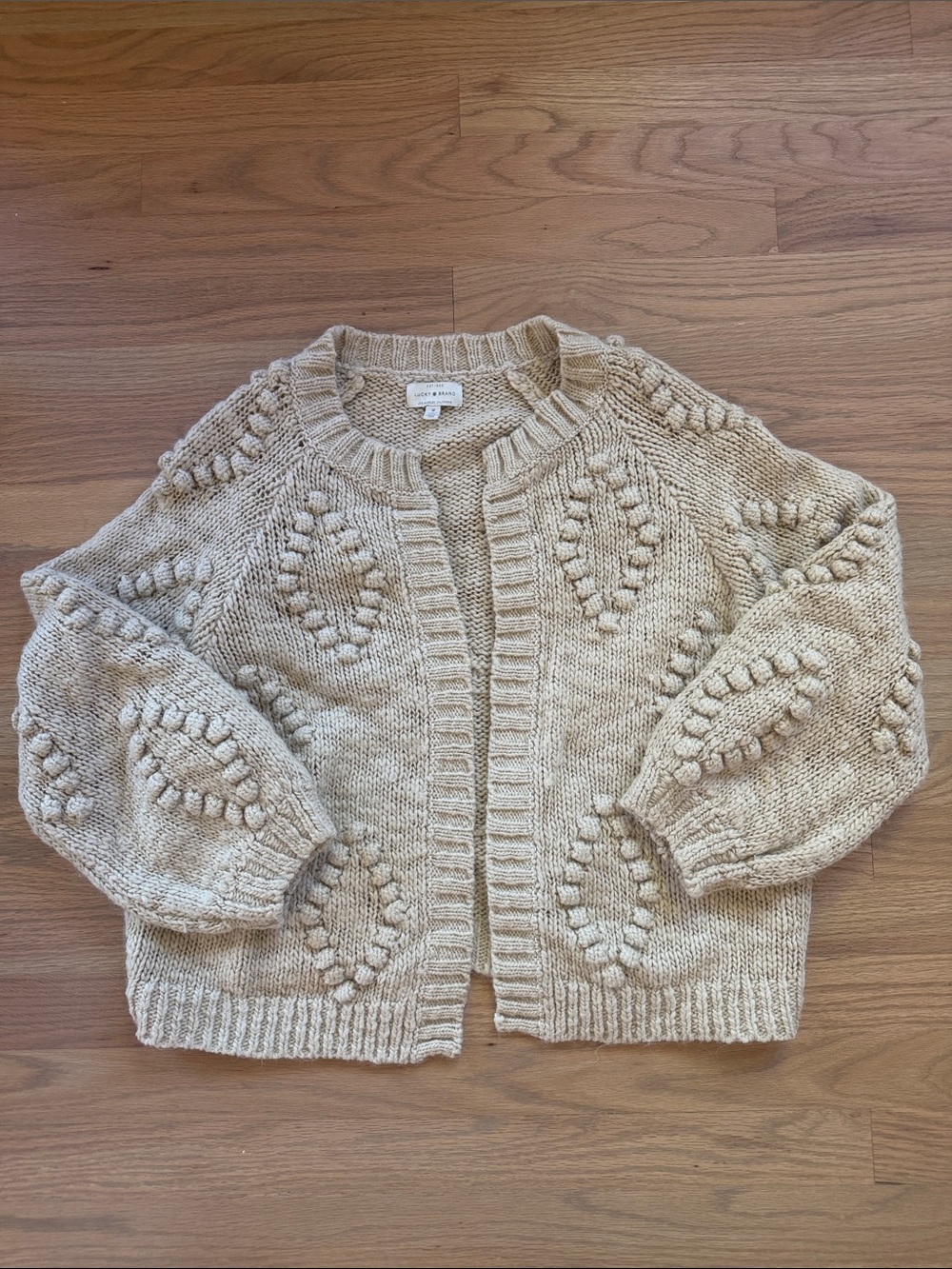 Lucky Brand Cream Wool Blend Bobble Knit Open-Front Cardigan Size M